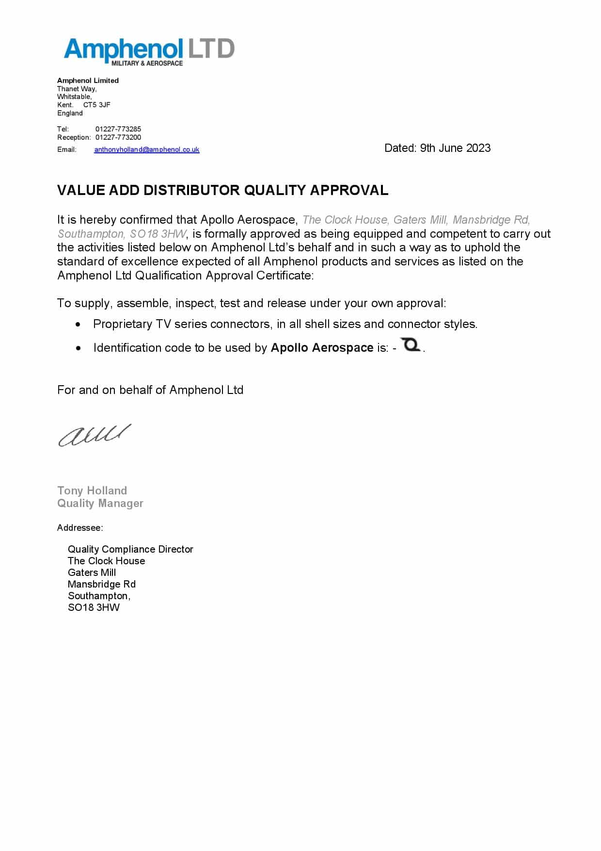 Amphenol VAD Approval Letter
