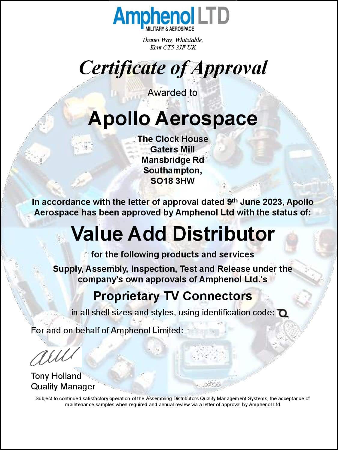 Amphenol VAD Approval Certificate